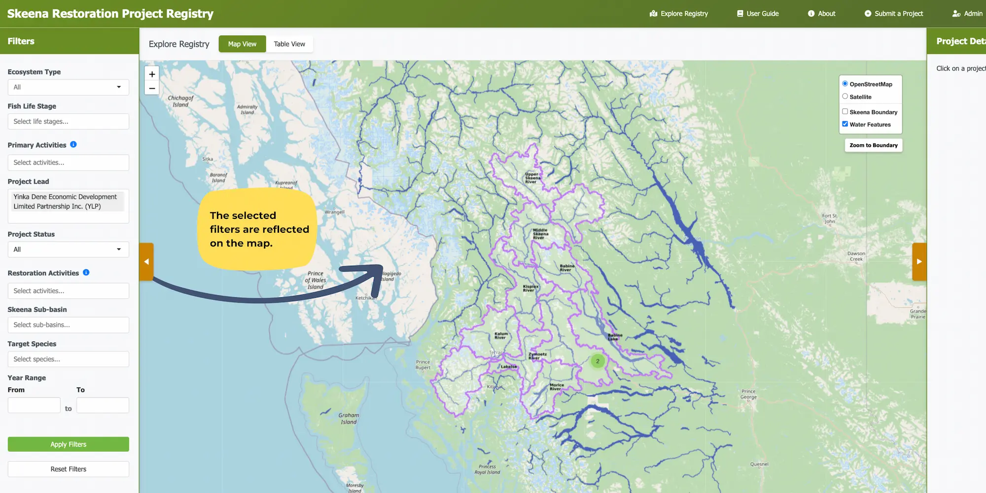 filters reflected on the map