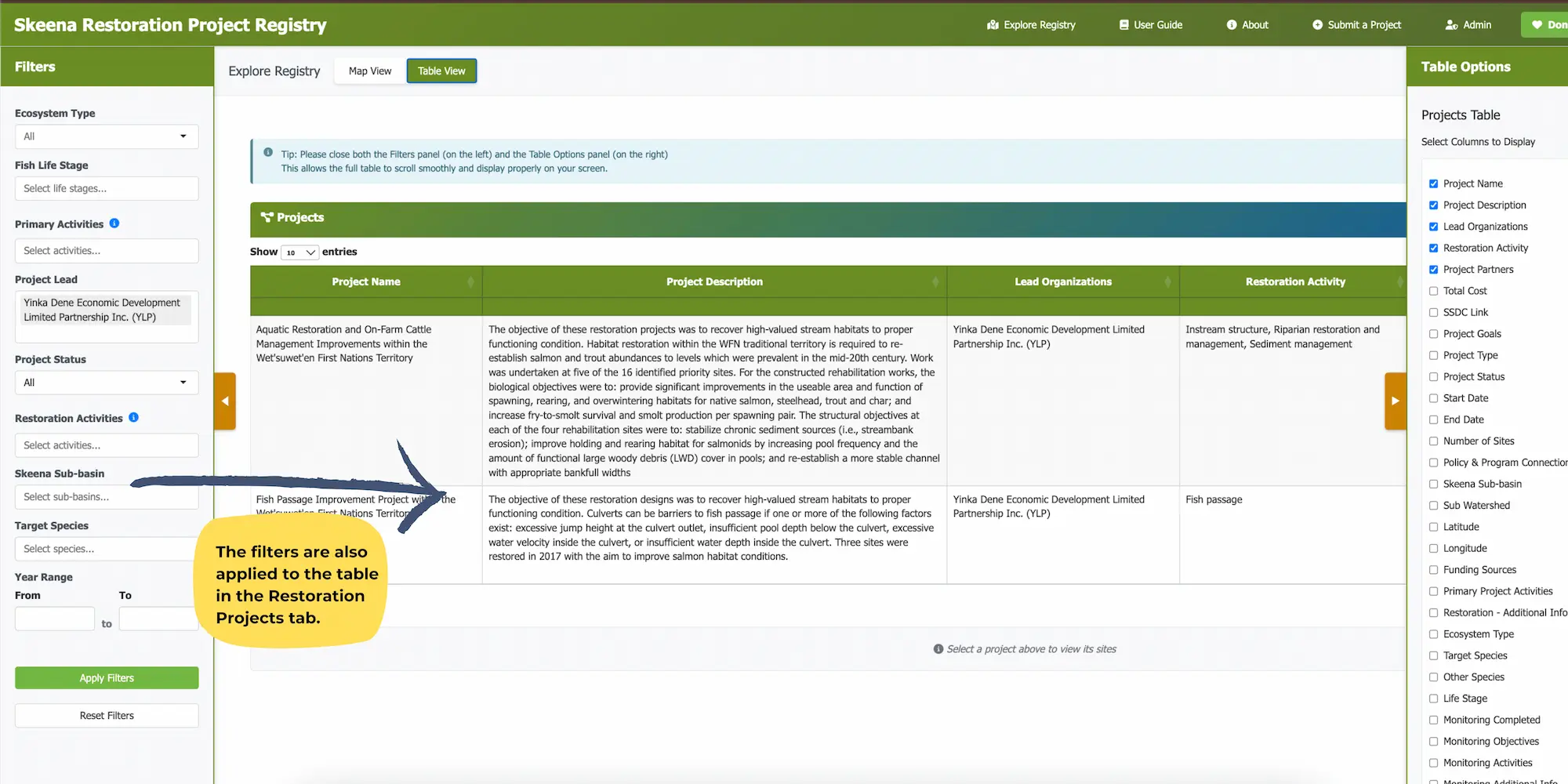 filters reflected on the table