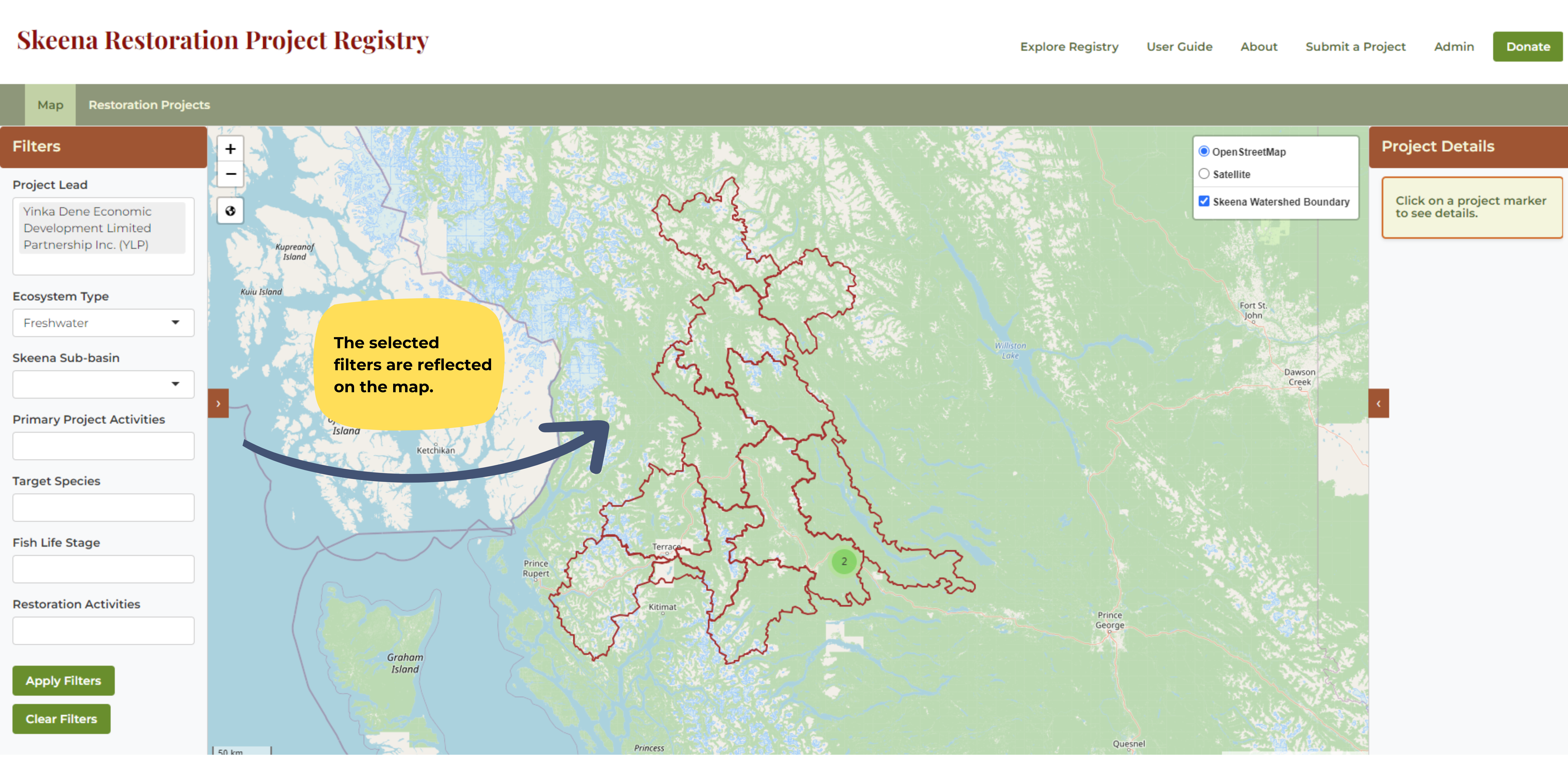 filters reflected on the map