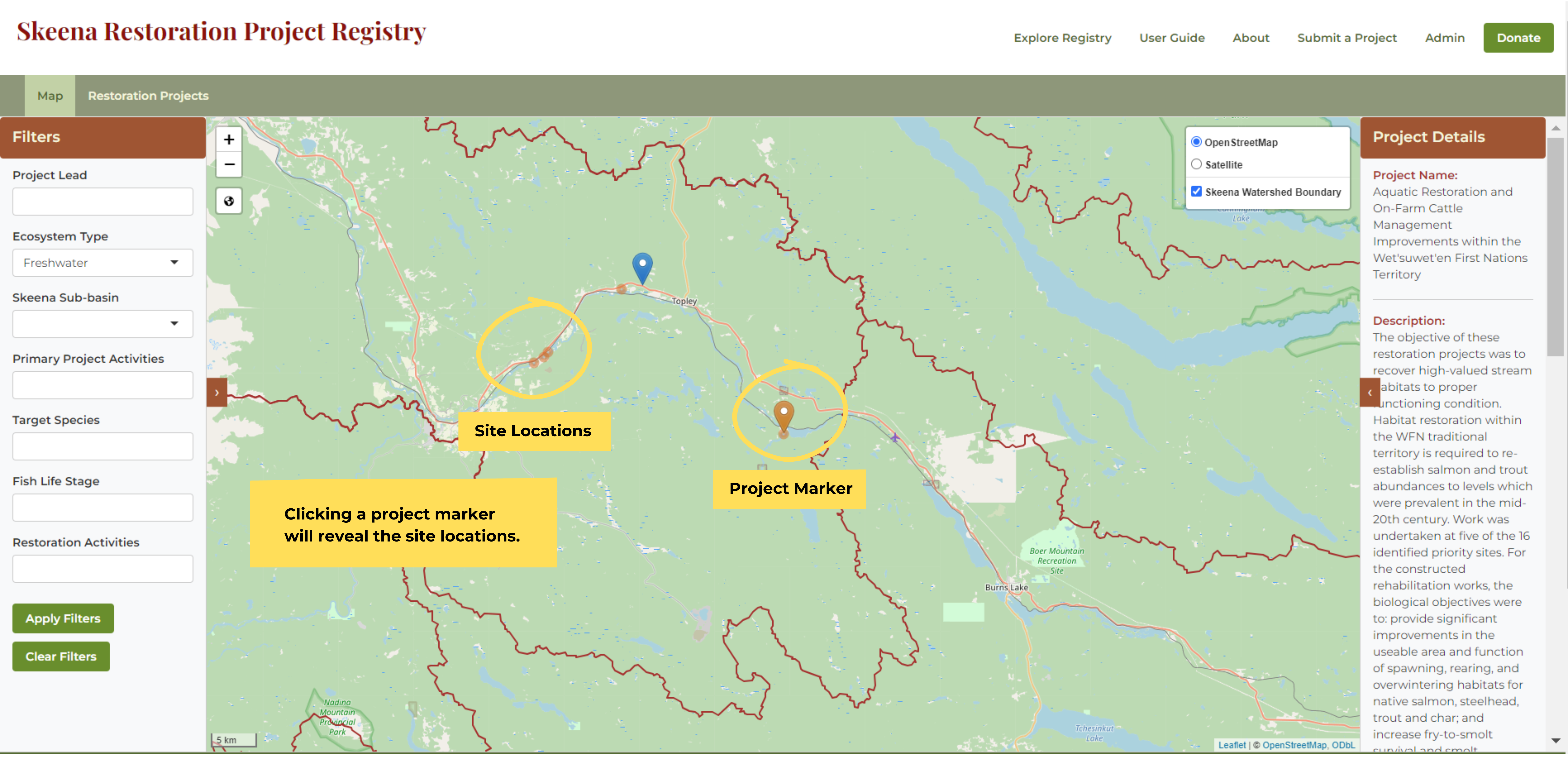 project markers and site locations
